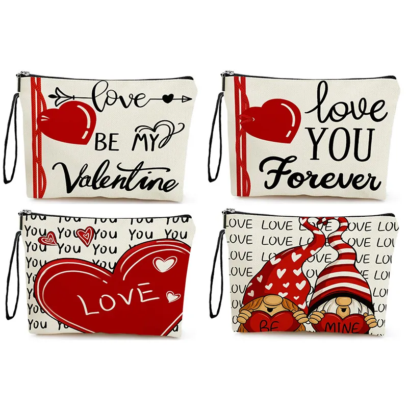 Cosmetic Bag Valentine Day Heart Print Linen Makeup Pouch Travel Toiletry Storage Organizer With Zipper Wristlet
