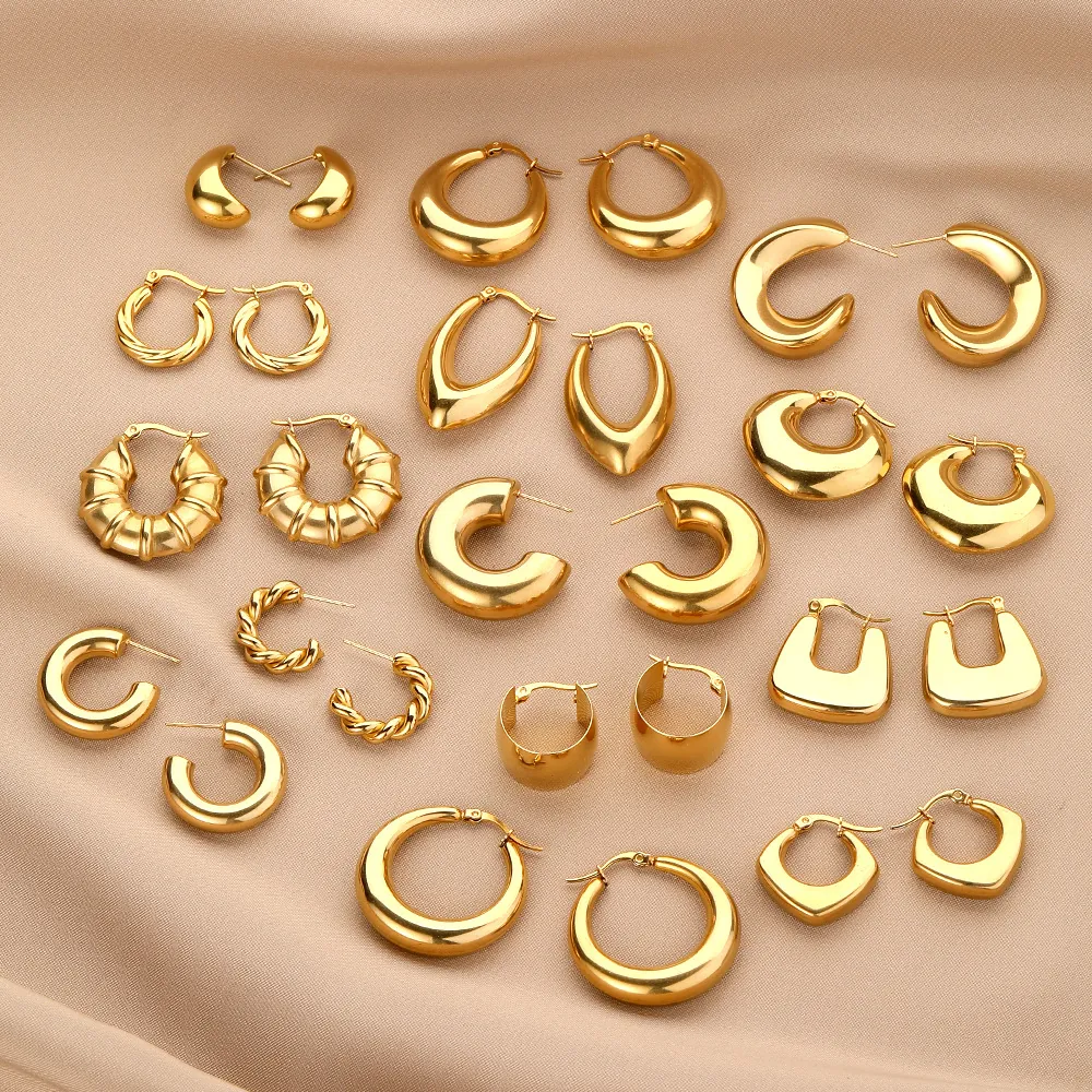 Stainless Steel Geometric Hoop Earrings 18K Gold Plated Chunky C-Shape Heart Twisted Retro Fashion Jewelry For Women