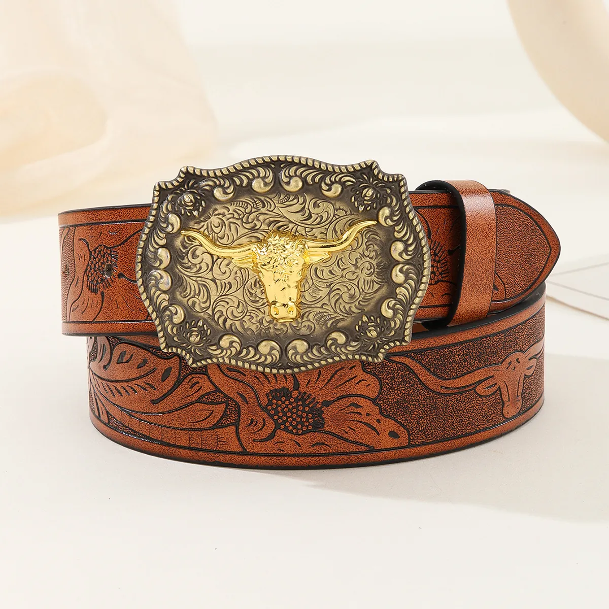 Ceinture en Cuir PU Cowboy de l'Ouest Vintage Pour Hommes Avec Grande Boucle en Alliage Tête de Taureau Or Gauffré Floral