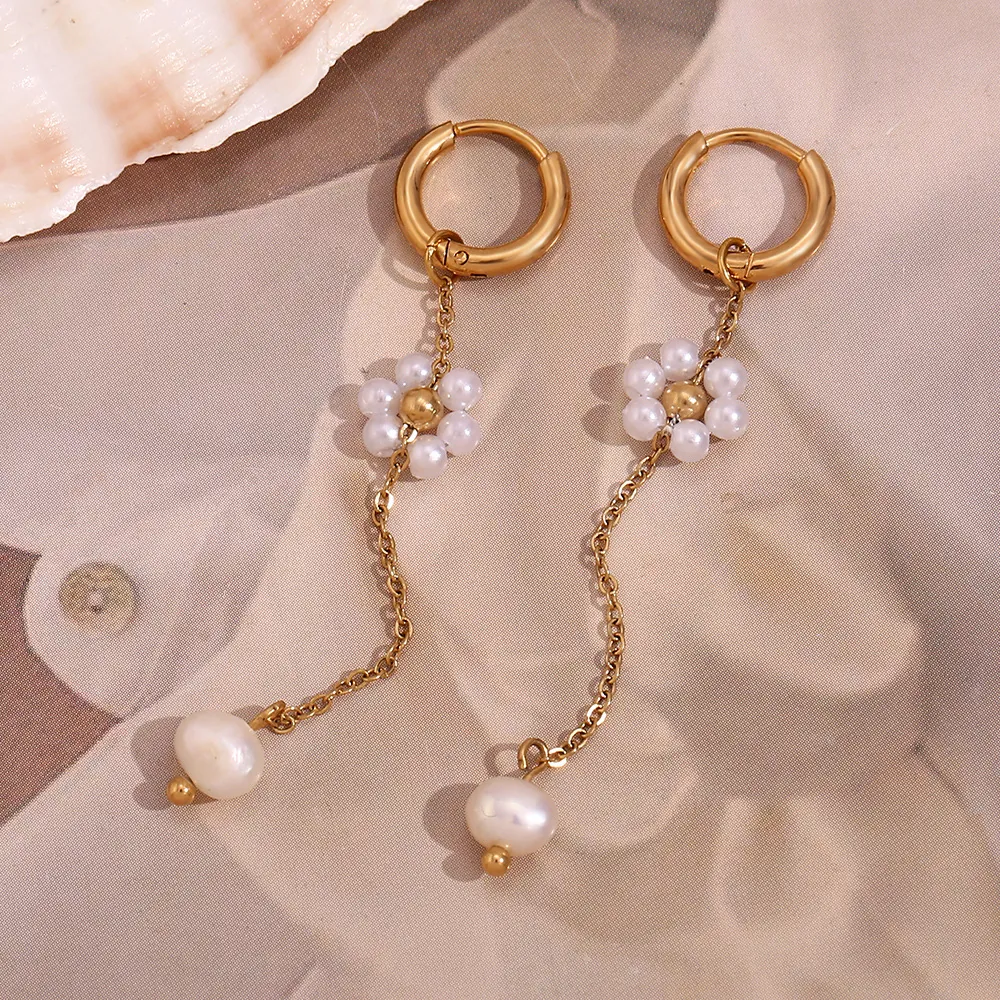 18K Gold Plated Stainless Steel Artificial Pearl Flower Tassel Drop Earrings Handmade Long Chain Hoop Jewelry For Women