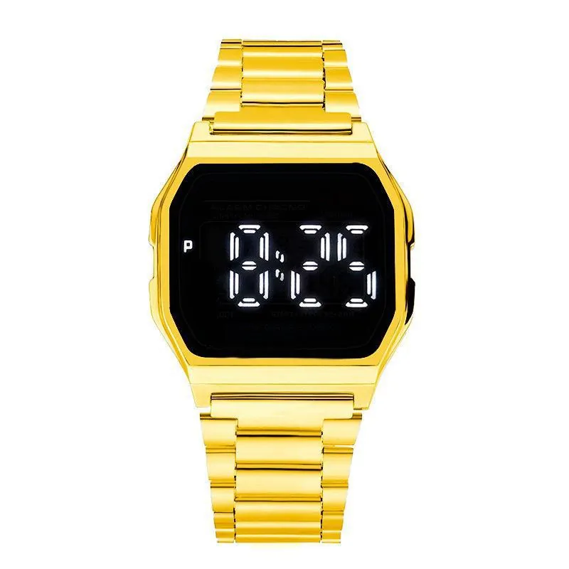 Quadratische LED Digitaluhr Retro Legierung Edelstahlarmband Alarm Stoppuhr Leuchtend Elektronisch Damen Herren