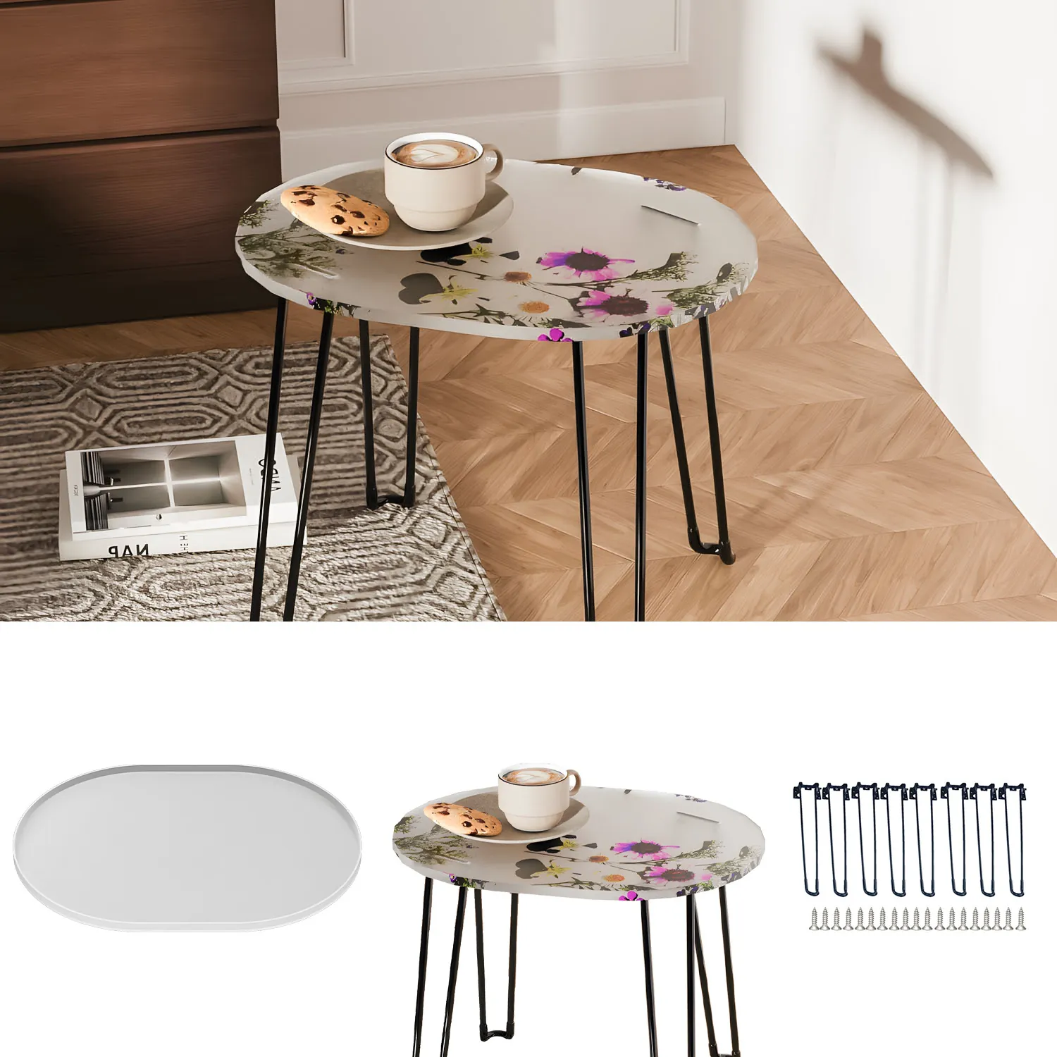 Oval Coffee Table Tray Silicone Mold For Resin Casting Modern Floral Pattern Home Decoration DIY Crafting Tool