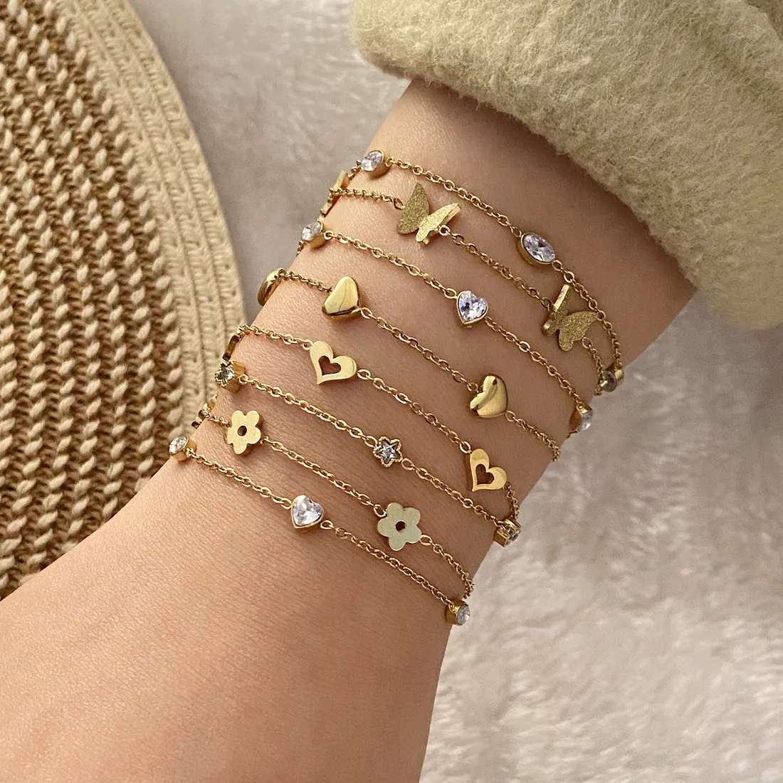 Doppellagiges Edelstahl Armband Vergoldet Herz Blume Schmetterling Evil Eye Anhänger Zirkonia Eleganter Modeschmuck