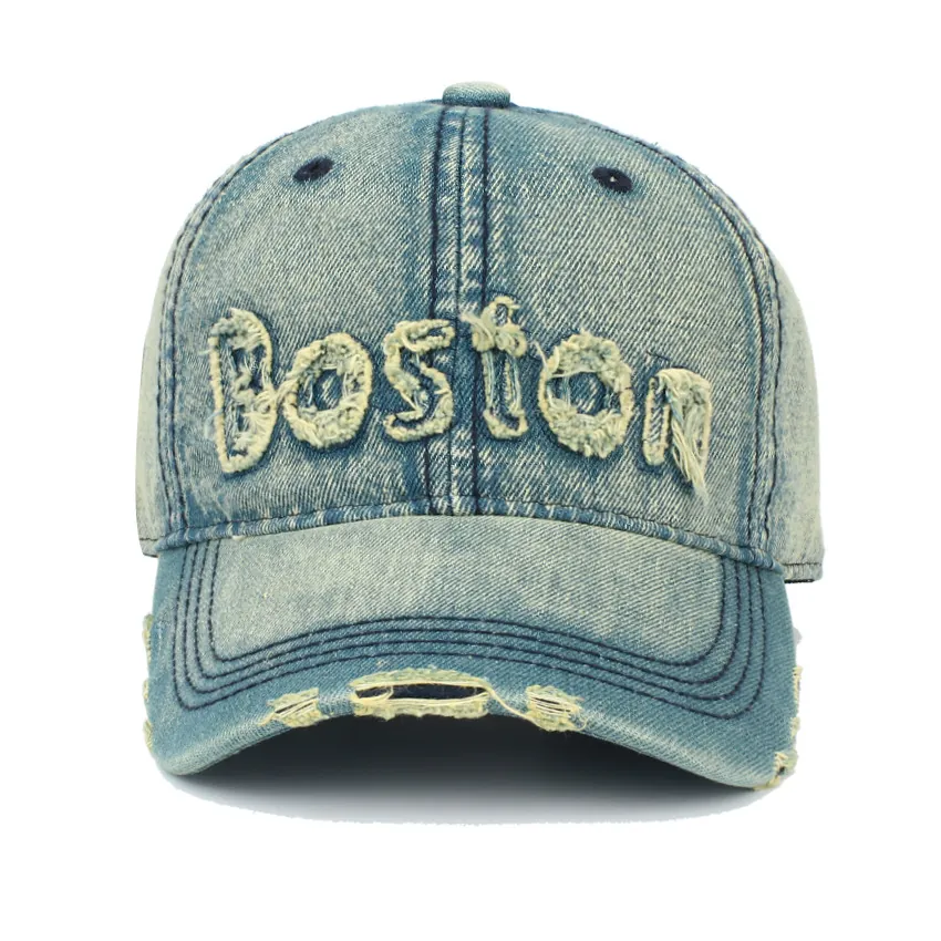 Distressed Denim Baseball Cap Boston Stickerei Gewaschene Baumwolle Retro Street Style Verstellbarer Hut Unisex