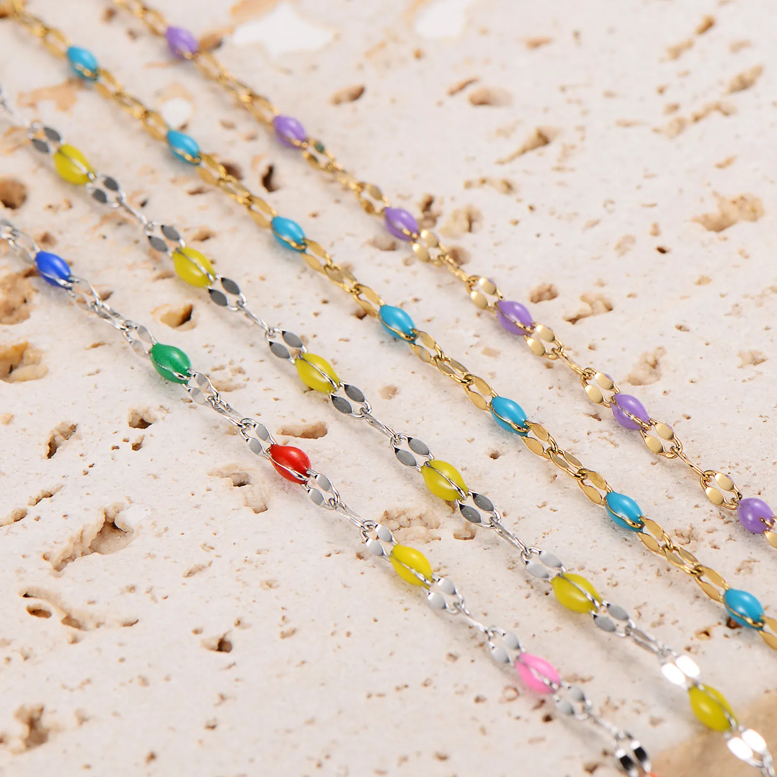 Stainless Steel Bracelet Anklet With Colorful Enamel Drip Glue 18K Gold Plated Adjustable Chain Bohemian Women Jewelry