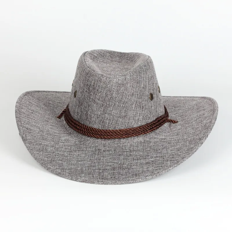 Cappello Da Cowboy Occidentale Tessuto In Lino Tesa Larga Protezione Solare Escursionismo All Aperto Traspirante Corda Antivento