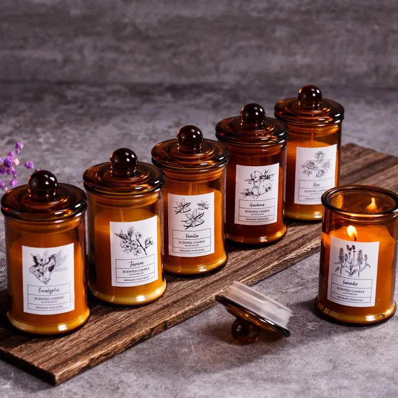 Handmade Scented Candle Natural Soy Wax Amber Glass Jar With Lid Aromatherapy Essential Oils Home Decor Gift