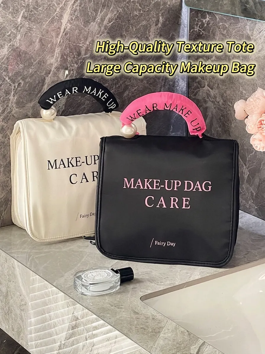 Large Capacity Toiletry Cosmetic Bag Waterproof Nylon Hanging Travel Makeup Organizer With Artificial Pearl Handle For Women