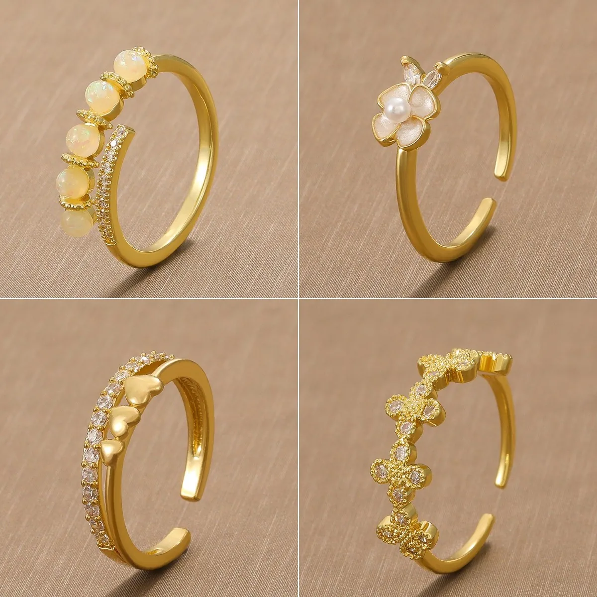 Fashion Copper 14K Gold Plated Open Ring For Women Synthetic Opal Cubic Zirconia Heart Flower Geometric Adjustable Ring Jewelry