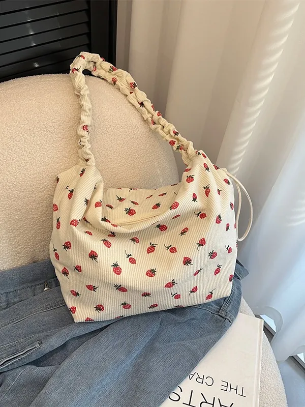 Corduroy Strawberry Print Shoulder Bag Large Capacity Ruched Strap Sweet Underarm Hobo Bag For Women Casual Daily