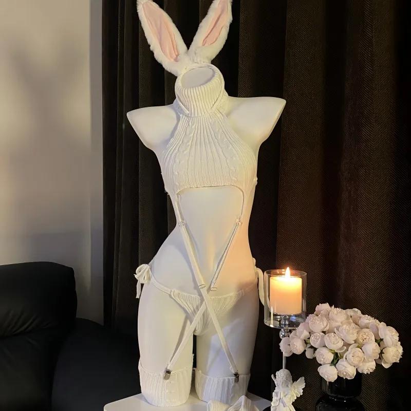 High Neck Halter Backless Knitted Sweater Bodysuit Sexy Bunny Girl Cosplay Lingerie With Headband And Stockings