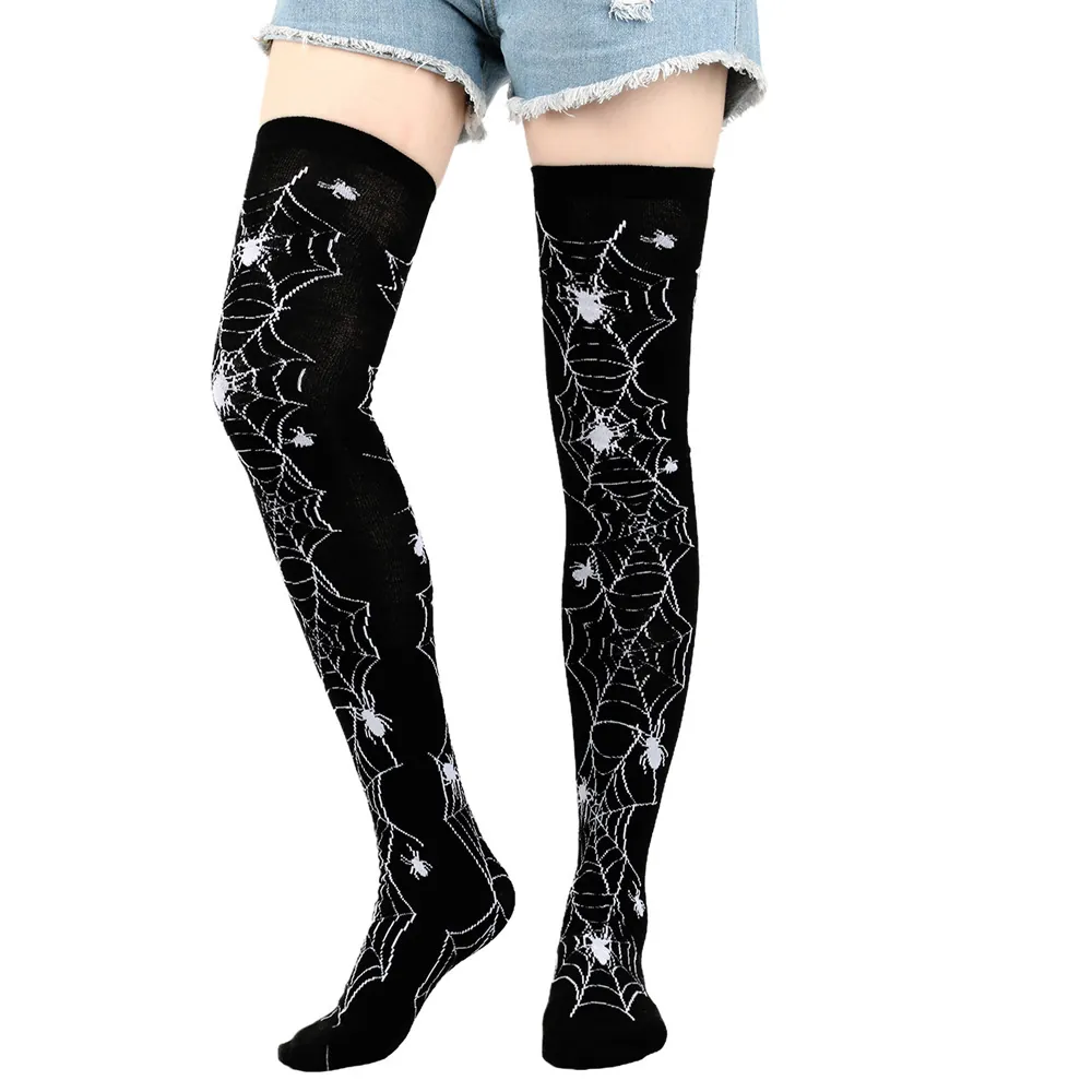 Halloween Over The Knee Socks Thigh High Stockings Polyester Cotton Spider Web Bat Blood Stain Skeleton Gothic Punk For Women