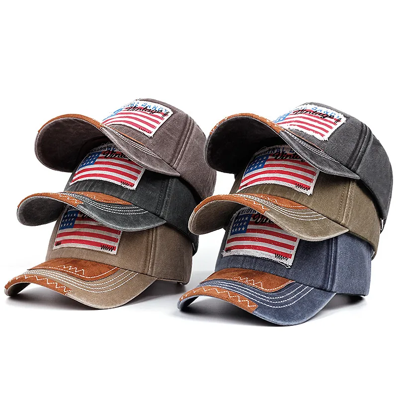 Baseball Cap Washed Cotton Distressed Vintage US Flag Patch Embroidered Sun Protection Retro Adjustable Hat For Men Women