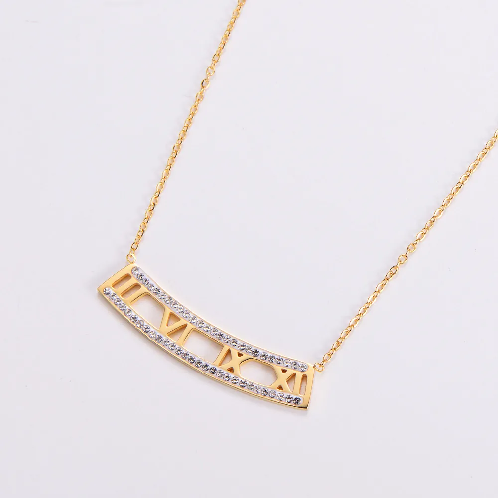 Collana Con Pendente A Barra Ad Arco Con Numeri Romani In Acciaio Inossidabile 316L Cavo Con Strass Per Donna