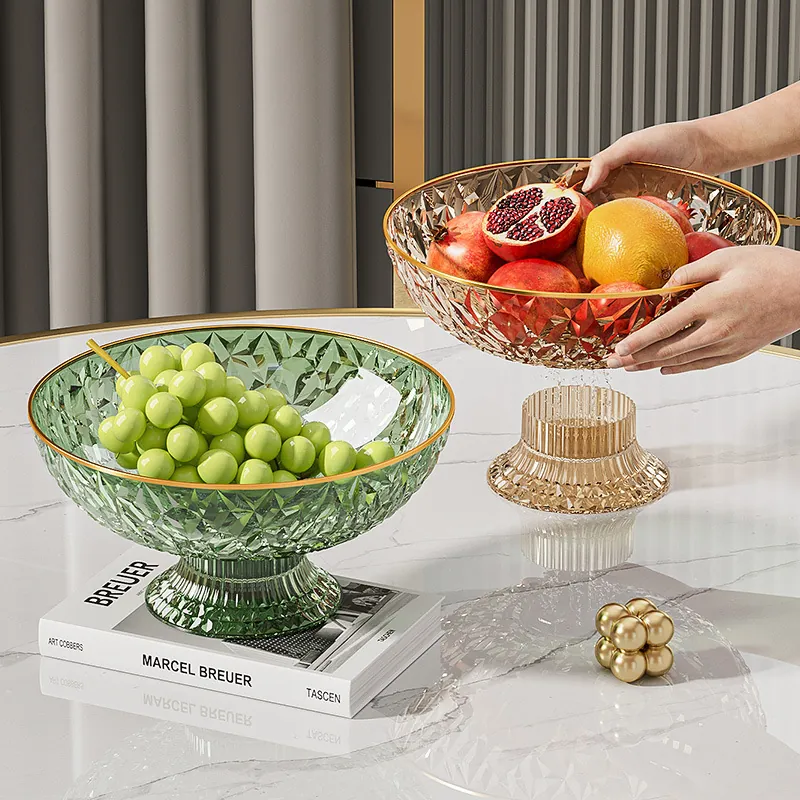 Luxury Fruit Plate With Drainage High Foot Crystal Texture Diamond Pattern Gold Rim Snack Bowl For Living Room