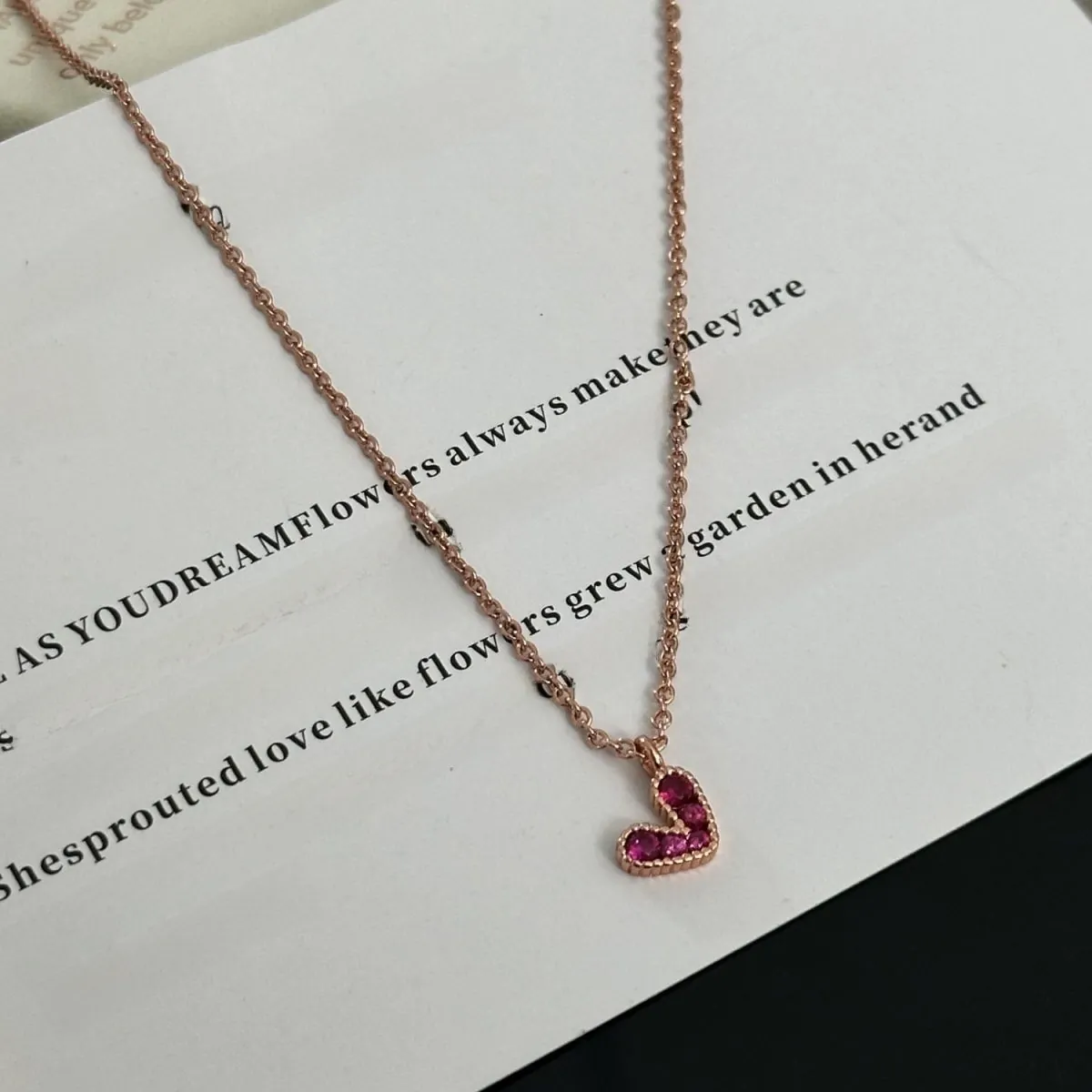 Heart Pendant Necklace S925 Sterling Silver Rose Gold Plated Red Rhinestone Sweet Romantic Gift For Women Girls
