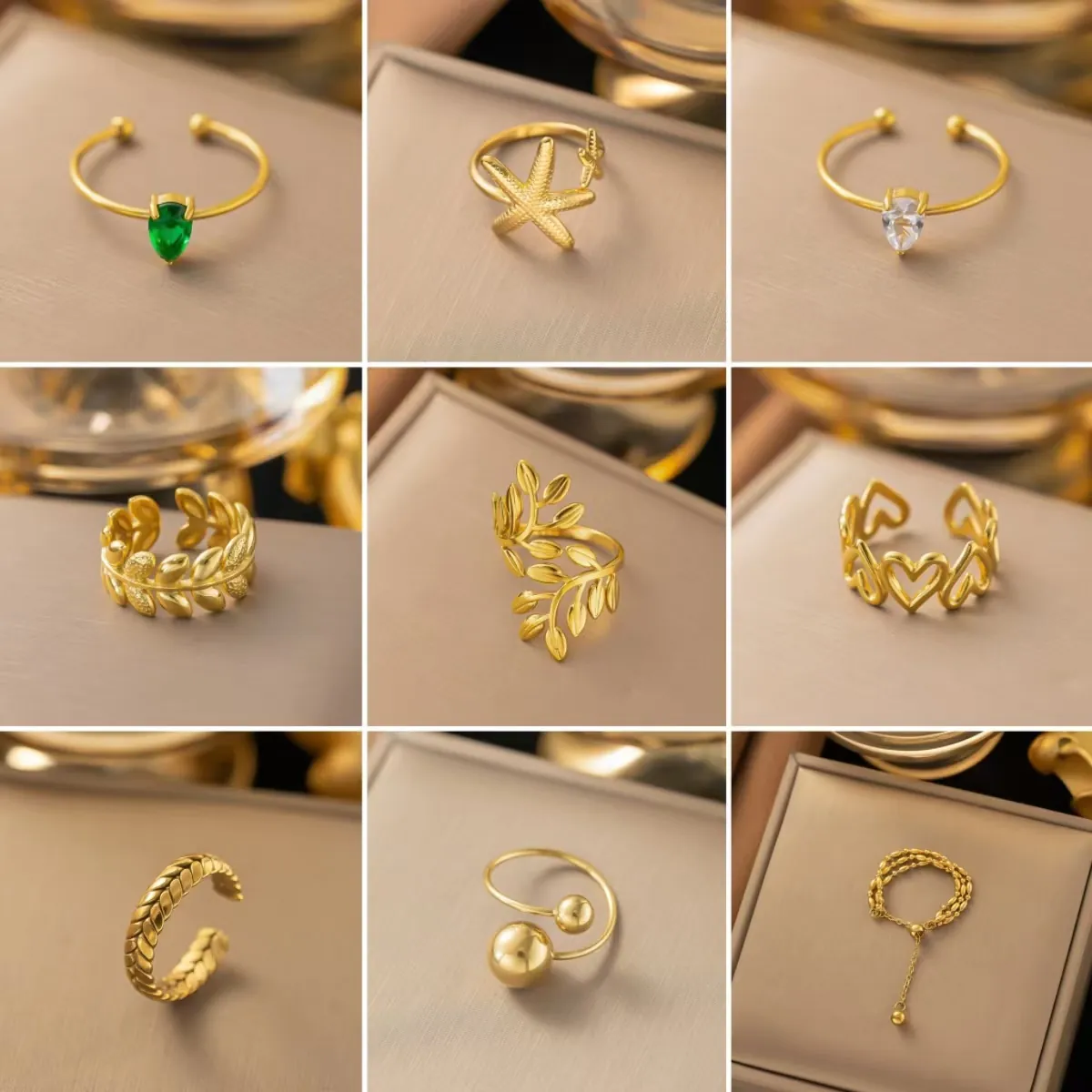 Adjustable Open Rings For Women Gold Plated Stainless Steel Starfish Heart Zircon Olive Branch Leaf Elegant Jewelry