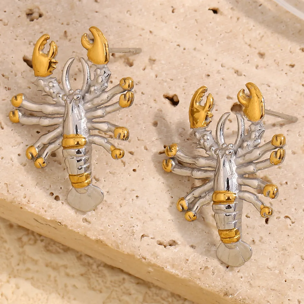 Lobster Stud Earrings Stainless Steel 18K Gold Plated Bicolour Creative Animal Shape Niche Fashion Jewelry For Women