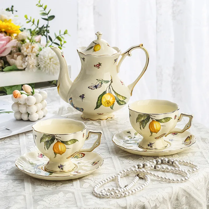 Vintage French Ceramic Coffee Cup And Saucer Gold Rim Floral Lemon Butterfly Pattern Afternoon Tea Teapot