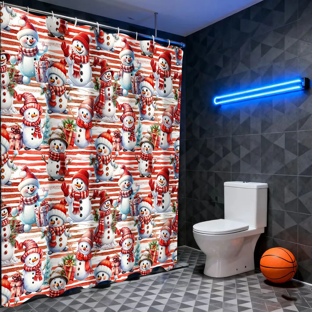Christmas Snowman Shower Curtain Waterproof Polyester Red White Stripe Festive Bathroom Decor Hanging Hooks Included