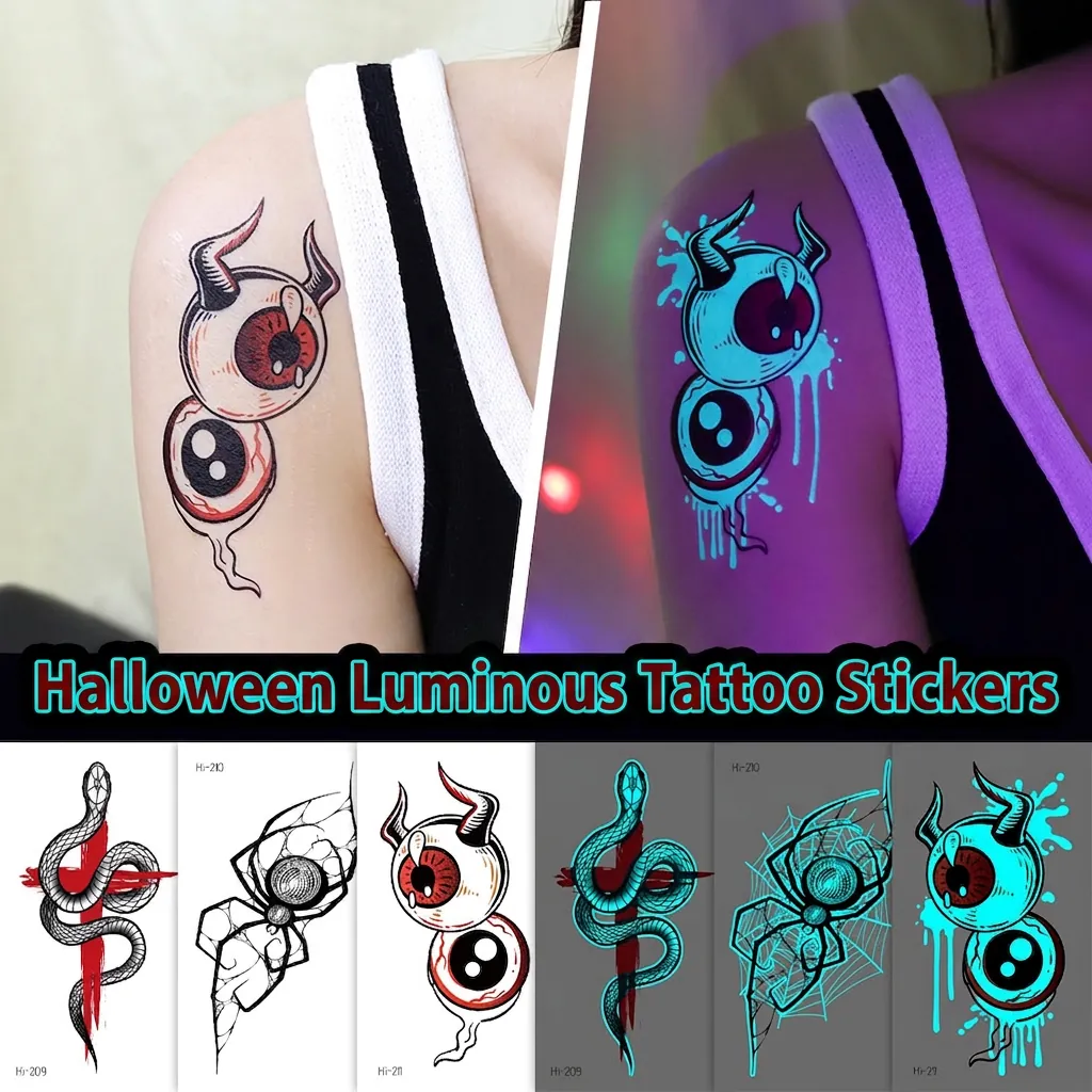 Luminous Halloween Temporary Tattoo Stickers Waterproof Glow In Dark Spiders Ghosts Skulls Cosplay Party Decals Face Body