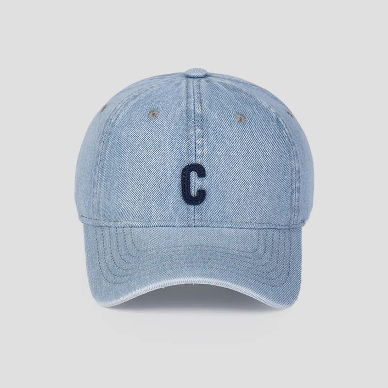 Washed Denim Baseball Cap With Letter C Embroidery Vintage Adjustable Sunshade Hat For Men Women