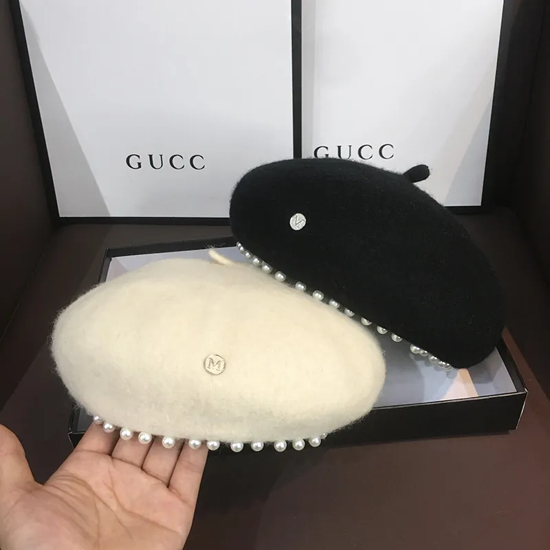 French Style Woolen Beret Hat With Artificial Pearl Trim And Metal Letter For Women And Kids Retro Elegant Winter Fashion Accessory