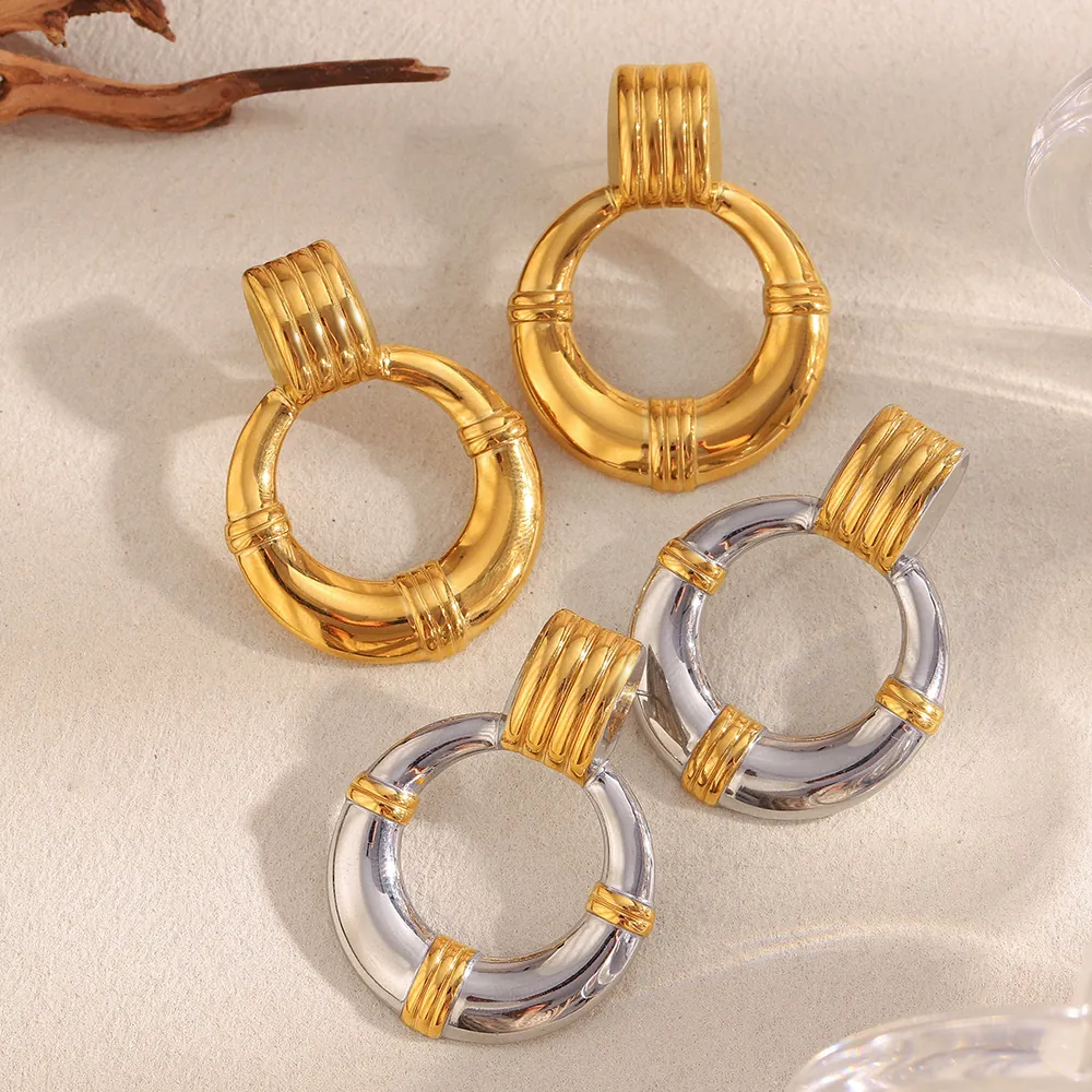 Boucles D'oreilles Puces Anneaux En Acier Inoxydable Plaqué Or 18 Carats Texture Nervurée Géométrique Pour Femmes