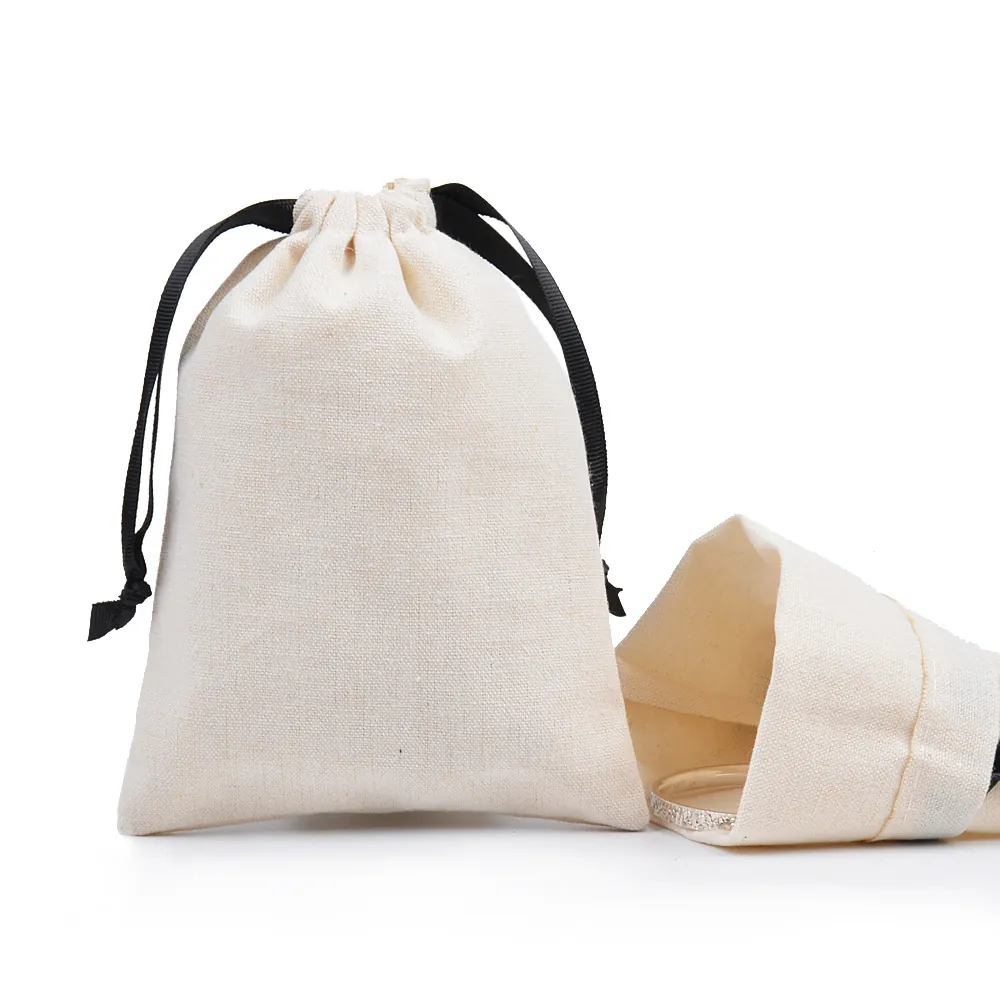 Cotton Linen Drawstring Bags Jewelry Pouch Gift Packaging Small Item Storage Organizer Beige Canvas