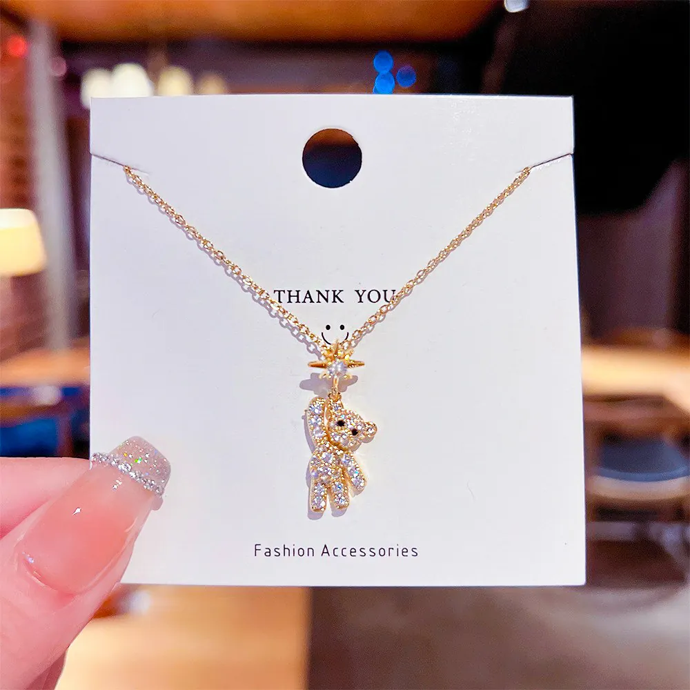 Sparkling Rhinestone Bear Pendant Necklace Stainless Steel Hip Hop Star Zirconia Jewelry For Women