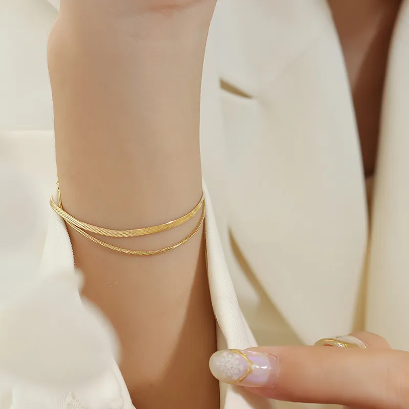 Double Layer Snake Chain Bracelet Titanium Steel Gold Plated Flat Blade Link Minimalist Elegant Jewelry For Women