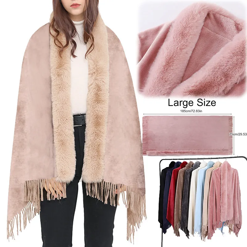 Women Oversized Shawl Wrap With Faux Fur Collar And Tassels Flannel Warm Winter Fashion Solid Color Pashmina