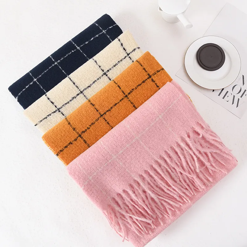 Plaid Winter Scarf For Women Faux Cashmere Warm Thick Windowpane Grid Pattern Tassel Soft Wrap Vintage Elegant Shawl