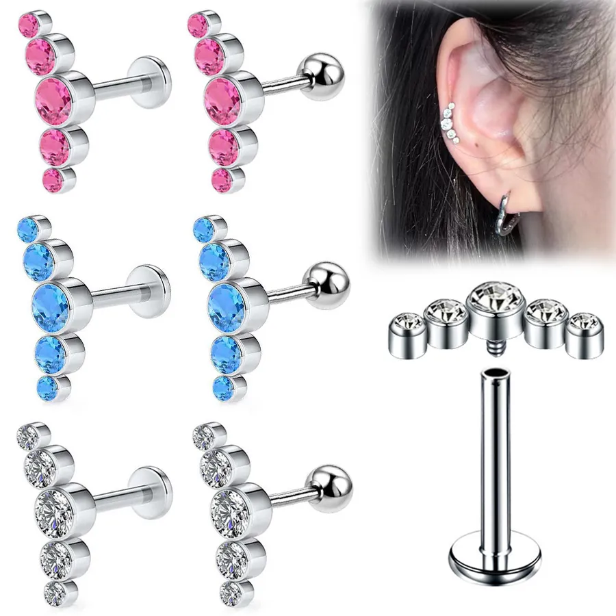Curved Rhinestone Stainless Steel Internally Threaded Labret Stud Earring For Women Body Piercing Fashion Jewelry Gift