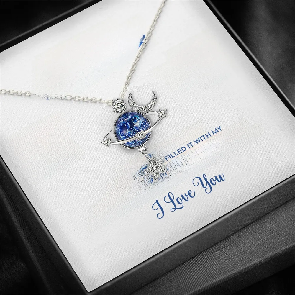 Collier Pendentif Planète Univers Avec Boule Étoile Bleue Lune Étoile Charme En Cuivre Strass Chaîne Inox Pour Fille