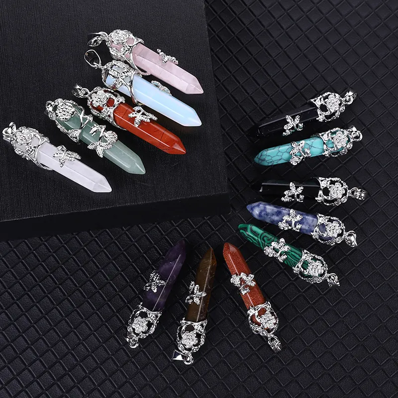 Natural Stone Hexagonal Pillar Pendant Necklace With Silver Color Rose Flower Hollow Wrap Crystal Healing Point Jewelry