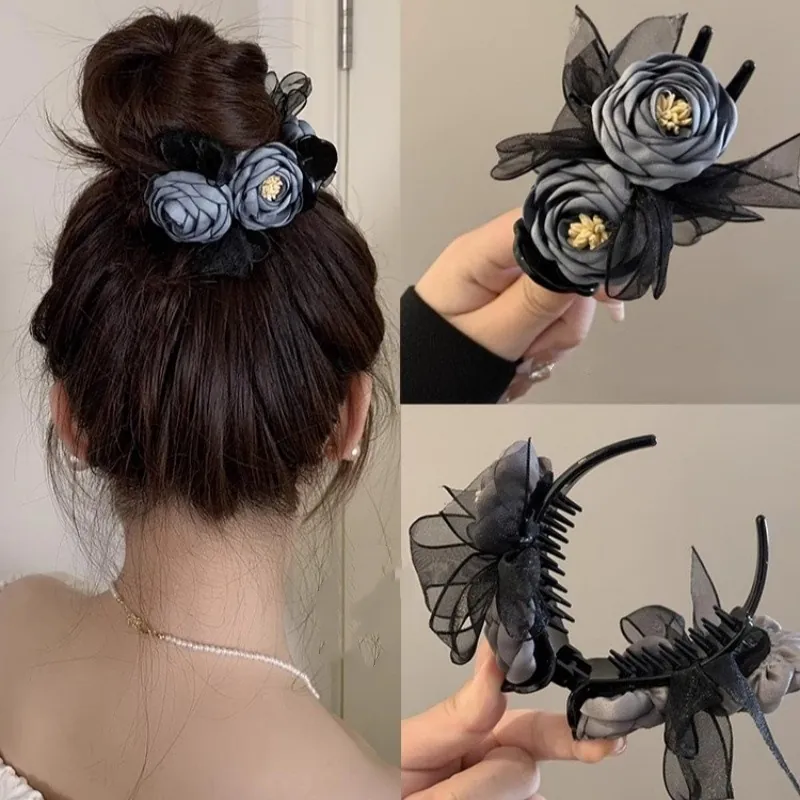 Elegant Fabric Rose Flower Hair Claw Clip With Lace Mesh Bow Korean Style Bun Hair Styling Tool For Women