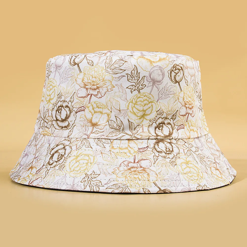 Women Floral Print Rose Bucket Hat Polyester Wide Brim Sun Protection Outdoor Summer Vintage Fresh Style Sun Hat