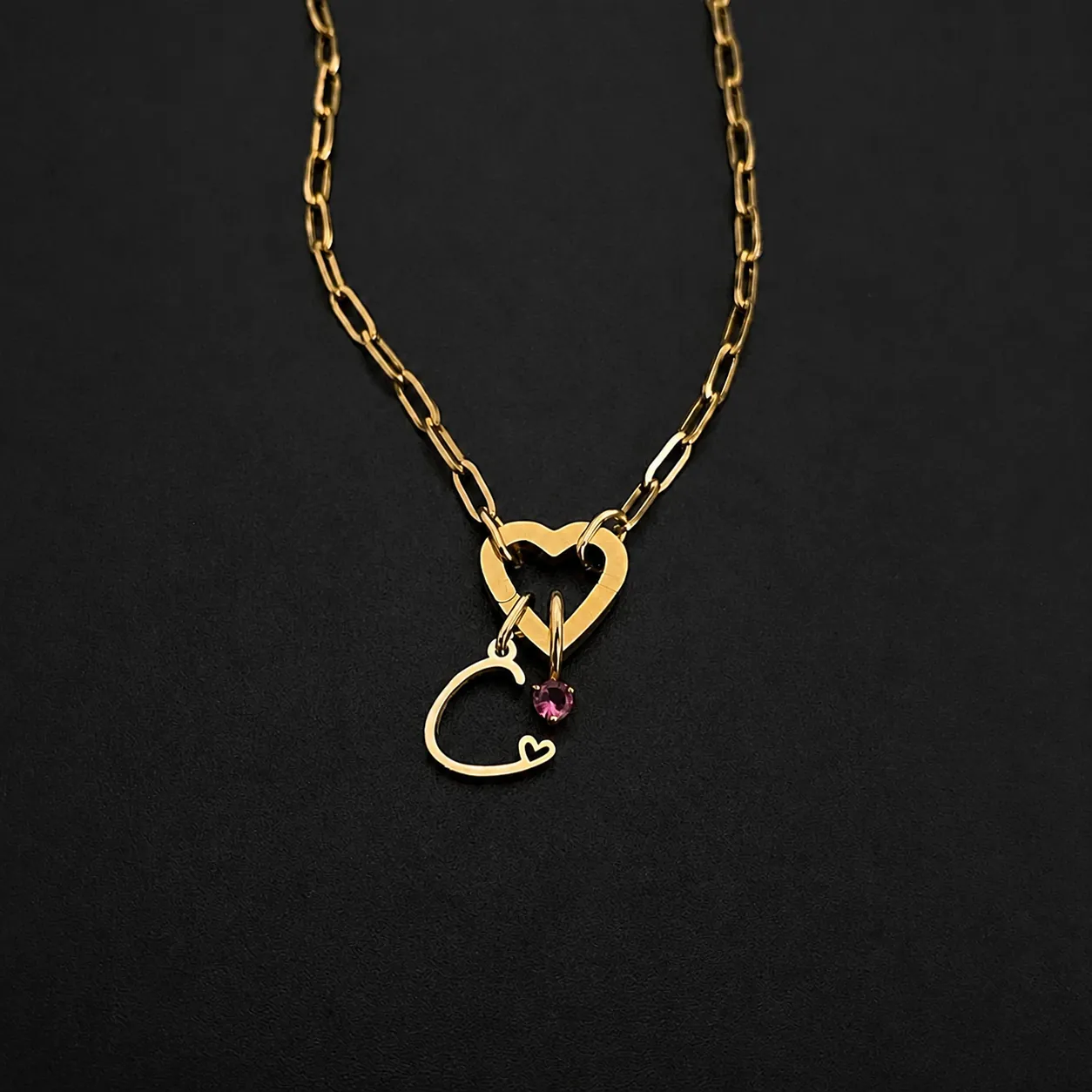Exquisite Stainless Steel 14K Gold Plated Initial Letter Necklace For Women Heart Carabiner Clasp Pink Rhinestone Pendant Paperclip Chain Personalized DIY Jewelry