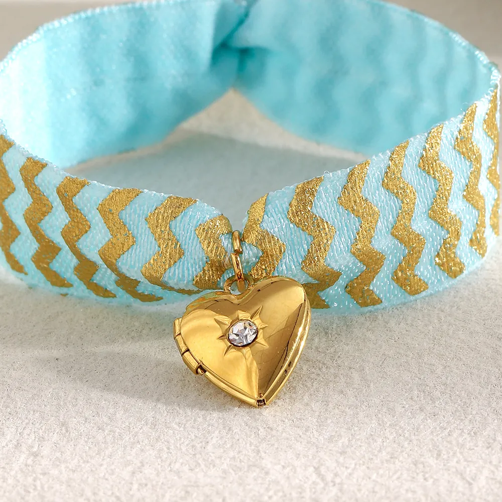 Heart Locket Bracelet Stainless Steel Gold Plated Light Blue Fabric Ribbon Strap With Crystal Jewelry For Women