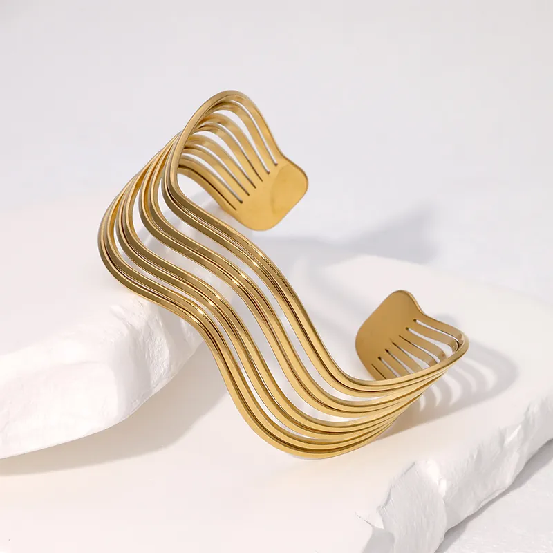 Stainless Steel Wave Multi-Layer Open Bangle 18K Gold Plated Minimalist Geometric Cuff Bracelet For Women
