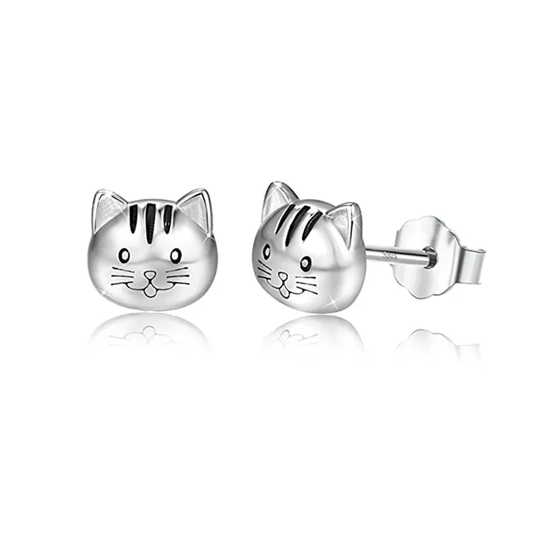 Süße Cartoon Katzenkopf Ohrstecker Kupfer Galvanisiert Mit 925 Sterlingsilber Ohrstecker-Stift Für Damen Tier Schmuck Geschenk