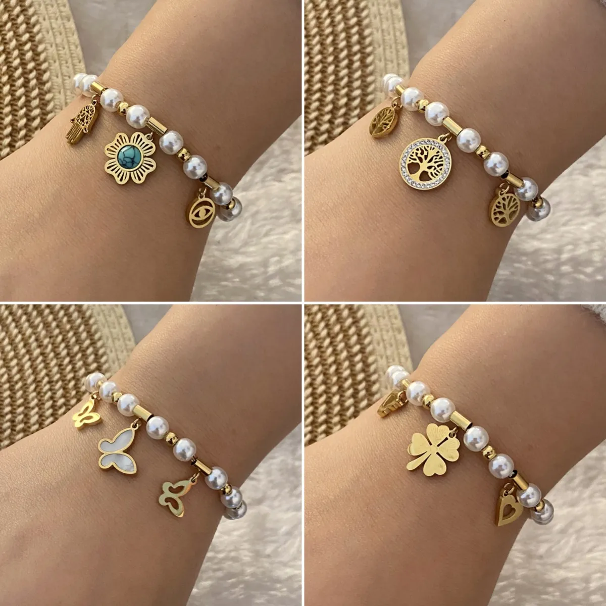 Böhmisches Handgefertigtes Künstliche Perlenarmband Edelstahl Imitationsperle Lebensbaum Schmetterling Hamsa Hand Anhänger Schmuck Für Damen
