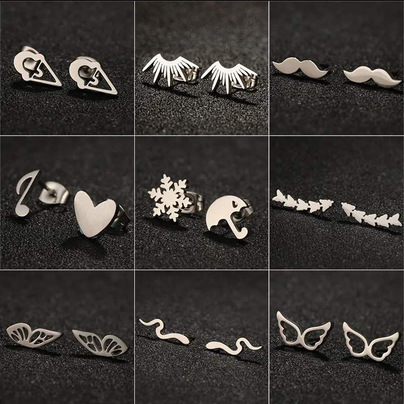 Stainless Steel Stud Earrings Minimalist Geometric Heart Umbrella Mustache Ice Cream Shape Fashion Jewelry For Women
