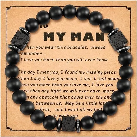 Handmade Men Beaded Bracelet Natural Matte Black Agate And Lava Stone Elastic Rope Jewelry Gift For Father