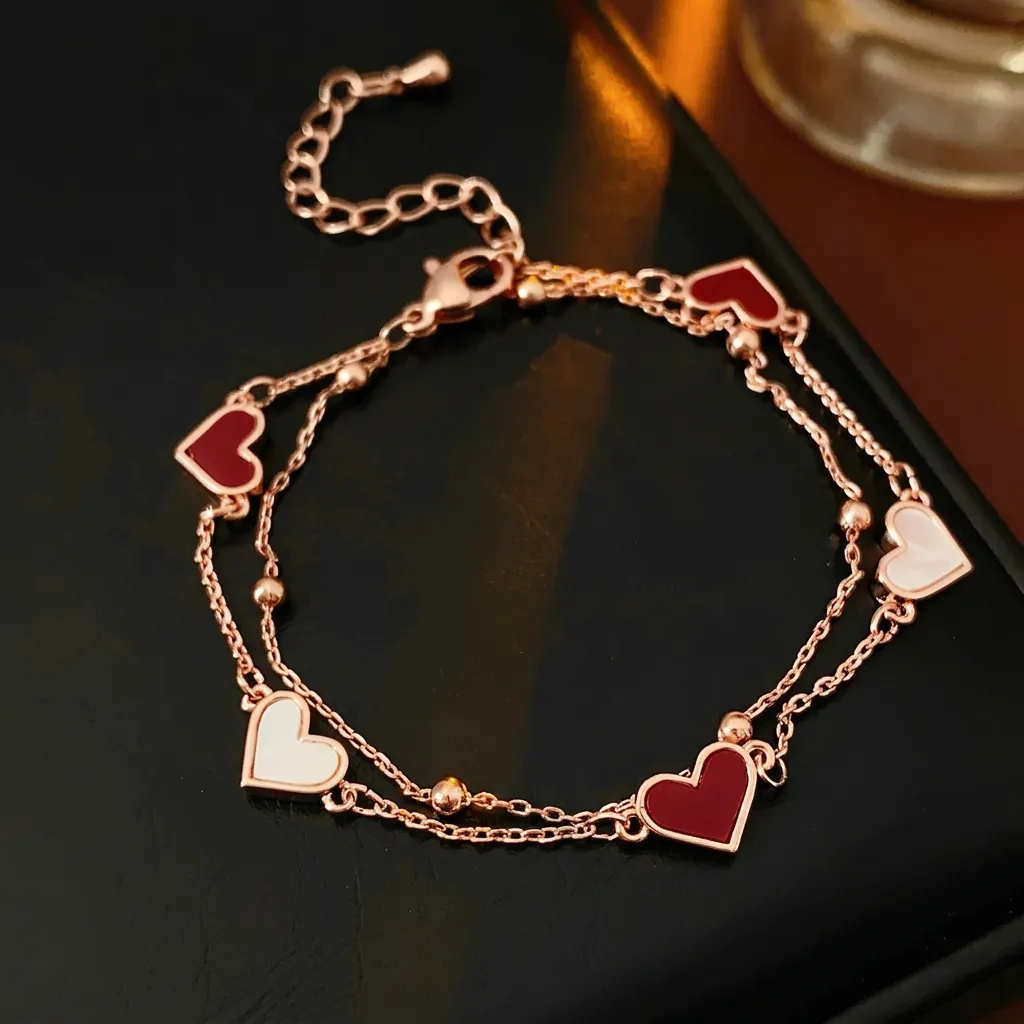 Bracelet À Double Rangée Pendentif Cœur Cuivre Plaqué Or Rose Nacre Émail Style Rétro Français Femmes