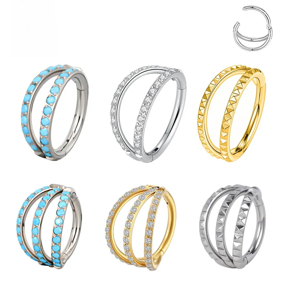 G23 Titanium Alloy Rhinestone Hinged Segment Ring Double Triple Row Septum Clicker Nose Ring Hoop Body Piercing Jewelry For Unisex