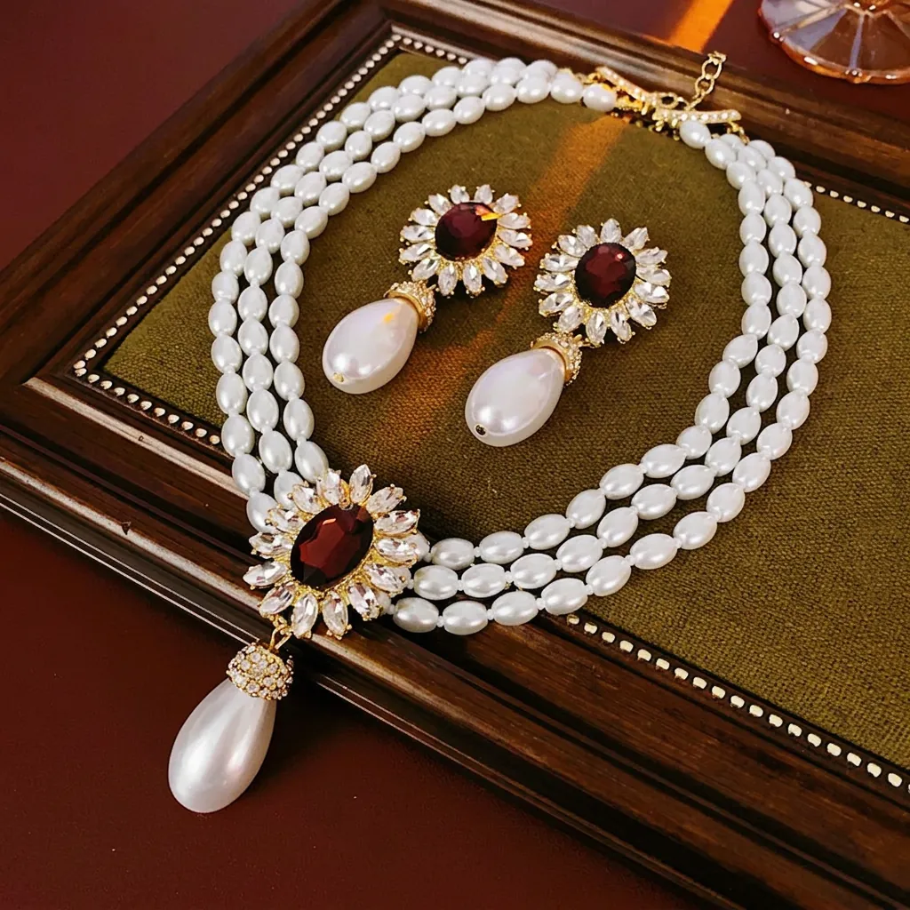 Multi Layer Imitation Artificial Pearl Necklace Earrings Red Rhinestone Waterdrop Pendant Alloy Retro Jewelry Silver Earring Post