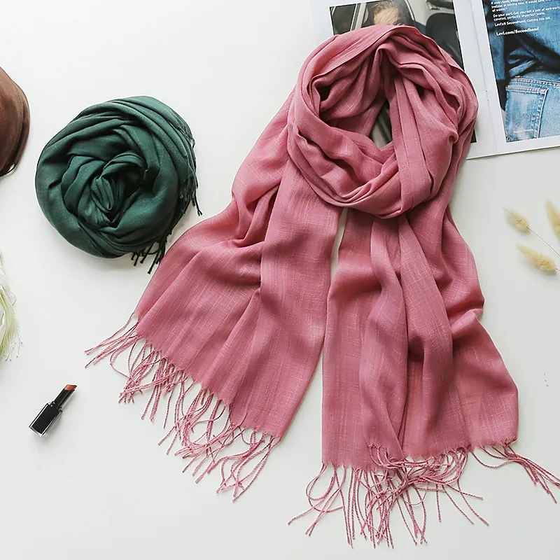 Sciarpa Donna Tinta Unita Scialle Imitazione Cotone Lino Trama Fiammata Avvolgente Lunga Con Nappe Leggera Moda Pashmina