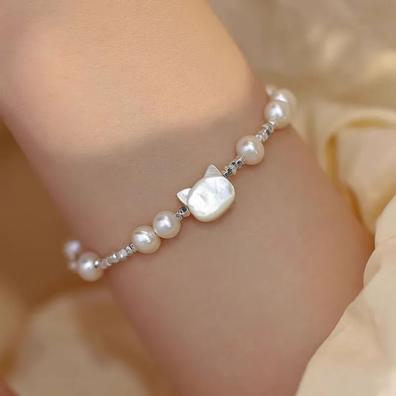 S925 Sterling Silver Freshwater Pearl Cat Bracelet Mother Of Pearl Charm Crushed Silver Style Sweet Gentle Jewelry For Women
